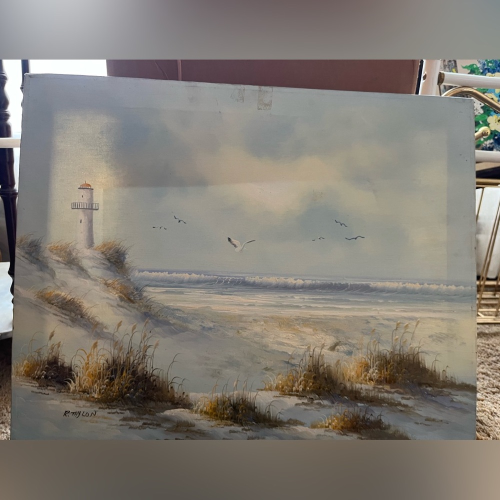 R. Taylon Seascape Coastal Lighthouse Canvas Painting